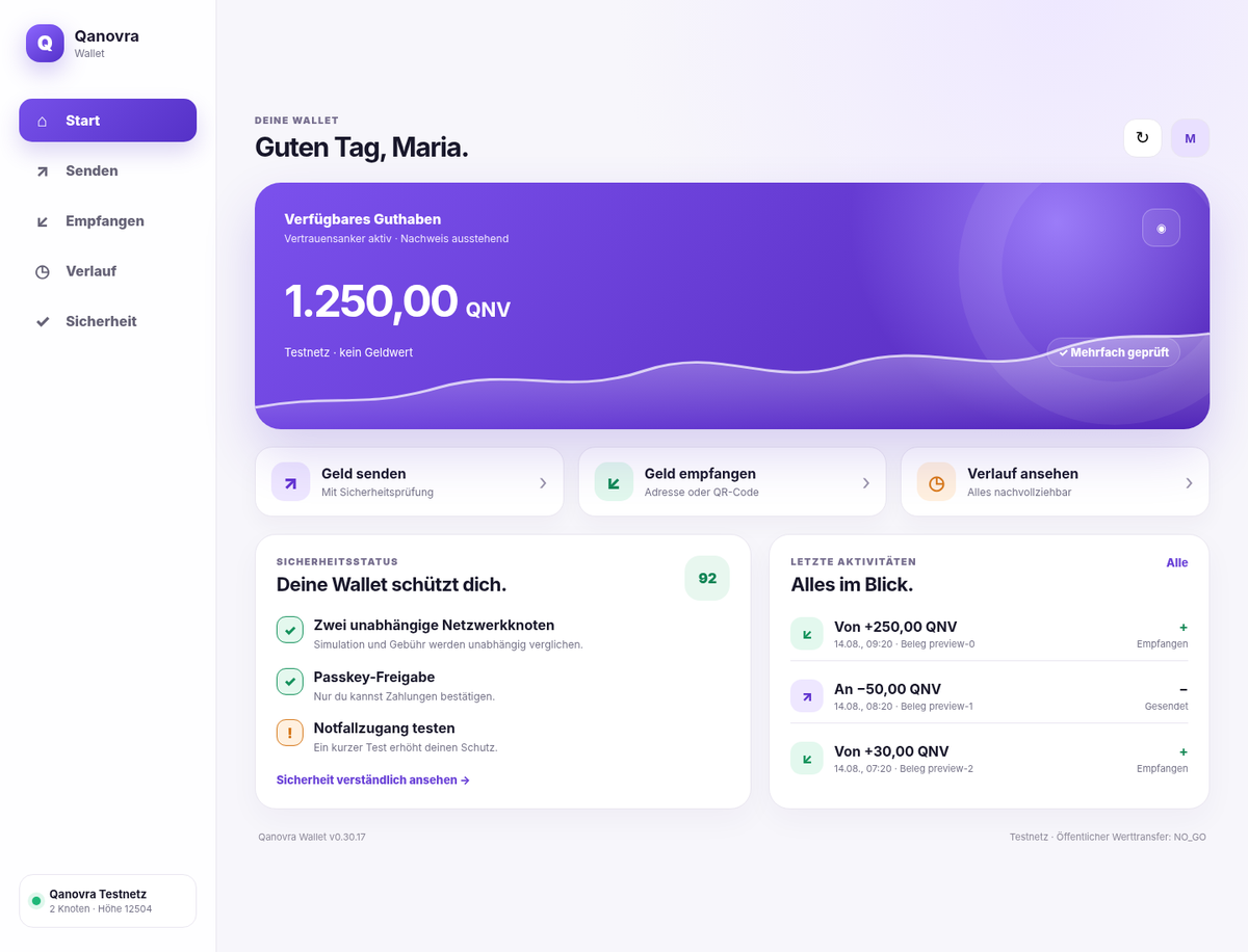 Qanovra wallet home view on desktop: balance, security status with checklist and recent activity on testnet