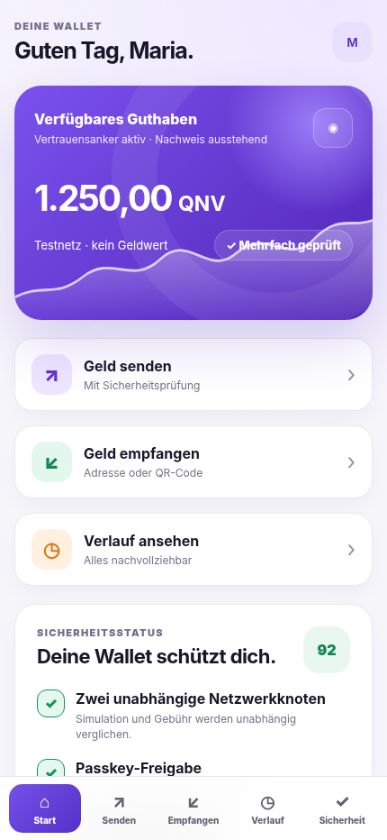 Wallet home view on a phone with balance and quick actions