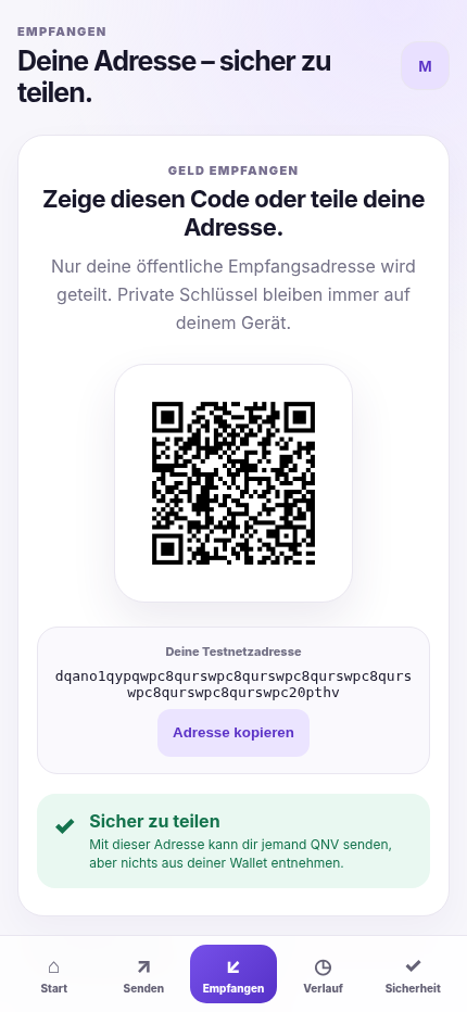 Receive view with QR code and public testnet address; private keys never leave the device